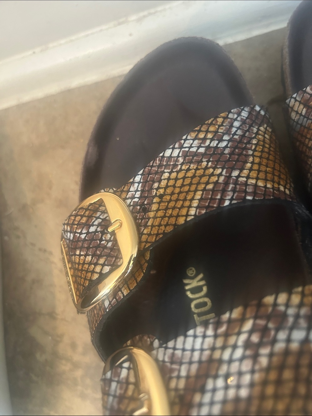 Birkenstock Arizona Snake-Print Sandals in Brown and Gold - Picture 2 of 10